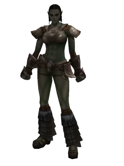 Half Plate (heavy armor) on a female Orc fighter, front view