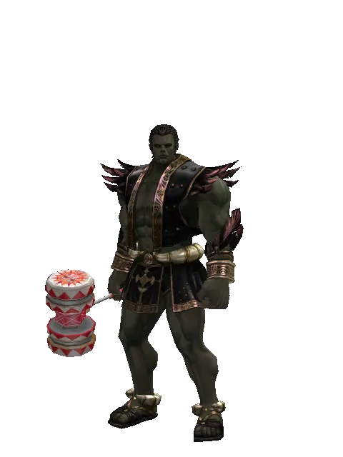 Red Clown Hammer on a male Orc fighter, front view