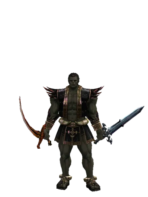 Shamshir*Caliburs on a male Orc fighter, front view