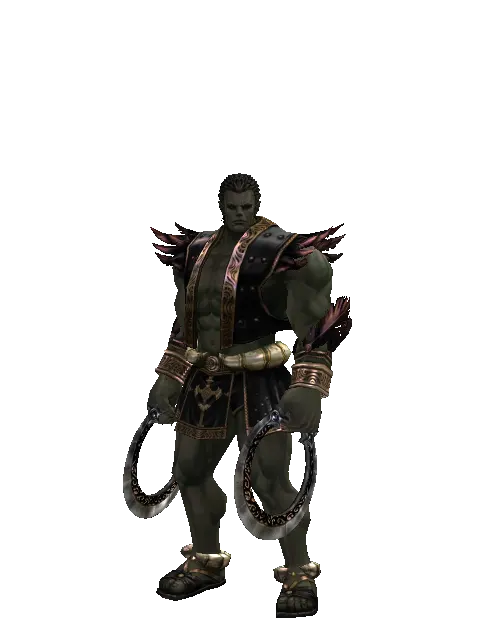 Chakram on a male Orc fighter, front view