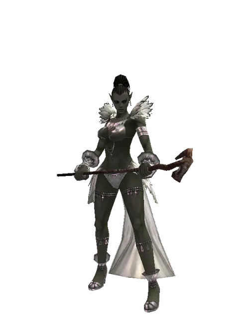 Red Sunset Staff on a female Orc mystic, front view
