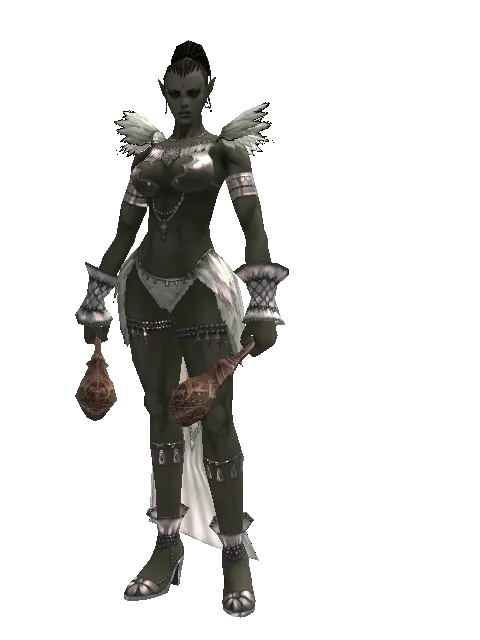 Chrono Maracas on a female Orc mystic, front view