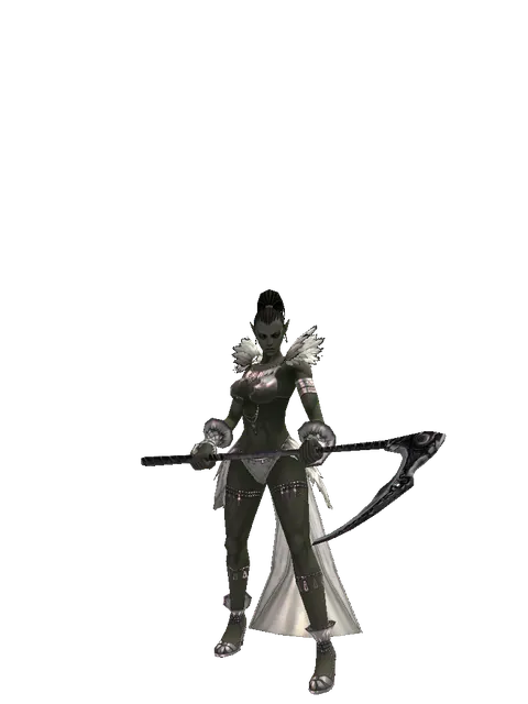 Scythe on a female Orc mystic, front view